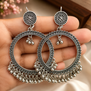 Oxidized Silver Boho Hoop Tassel Earrings